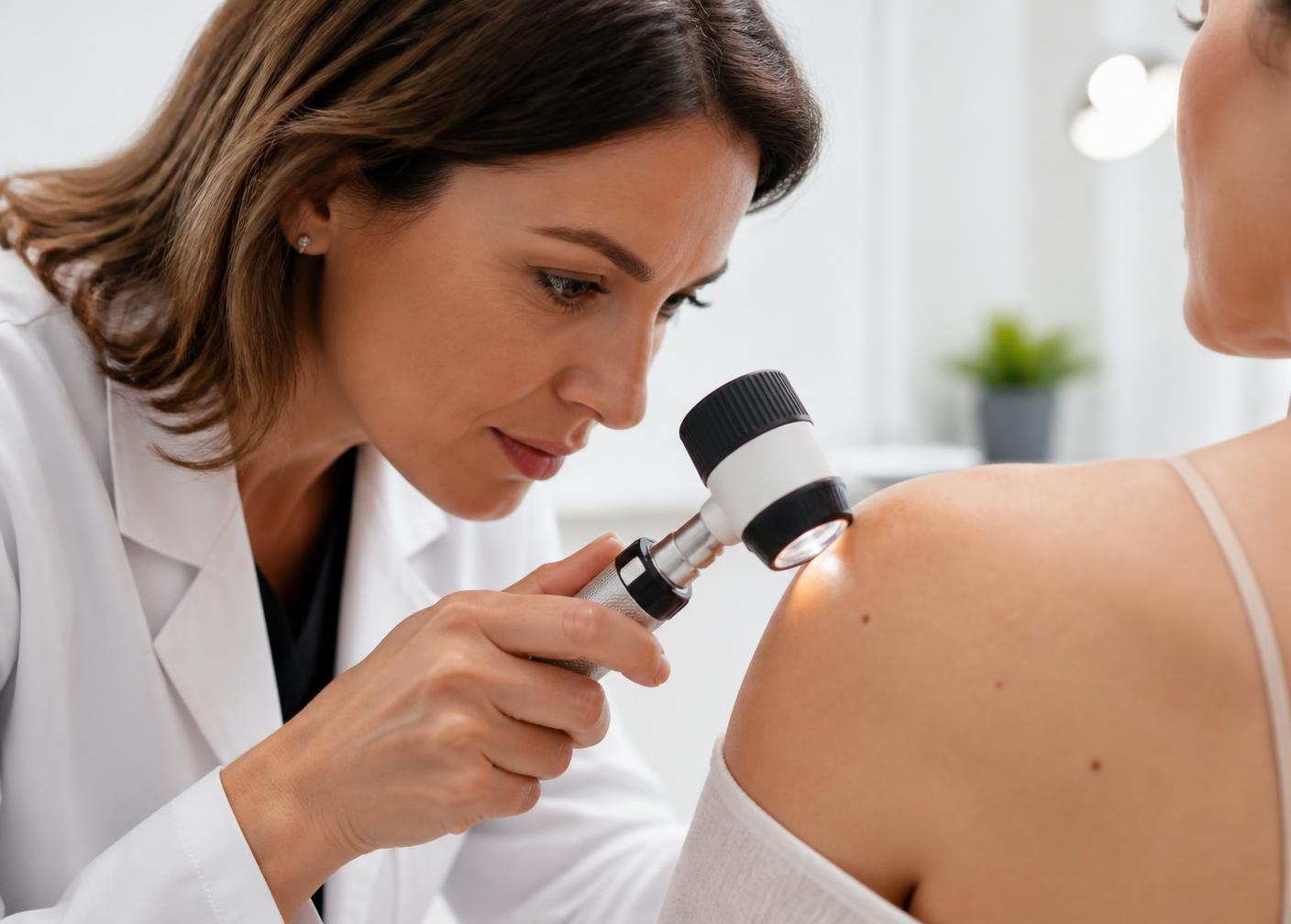 Doctor examining a patient's skin with a dermatoscope